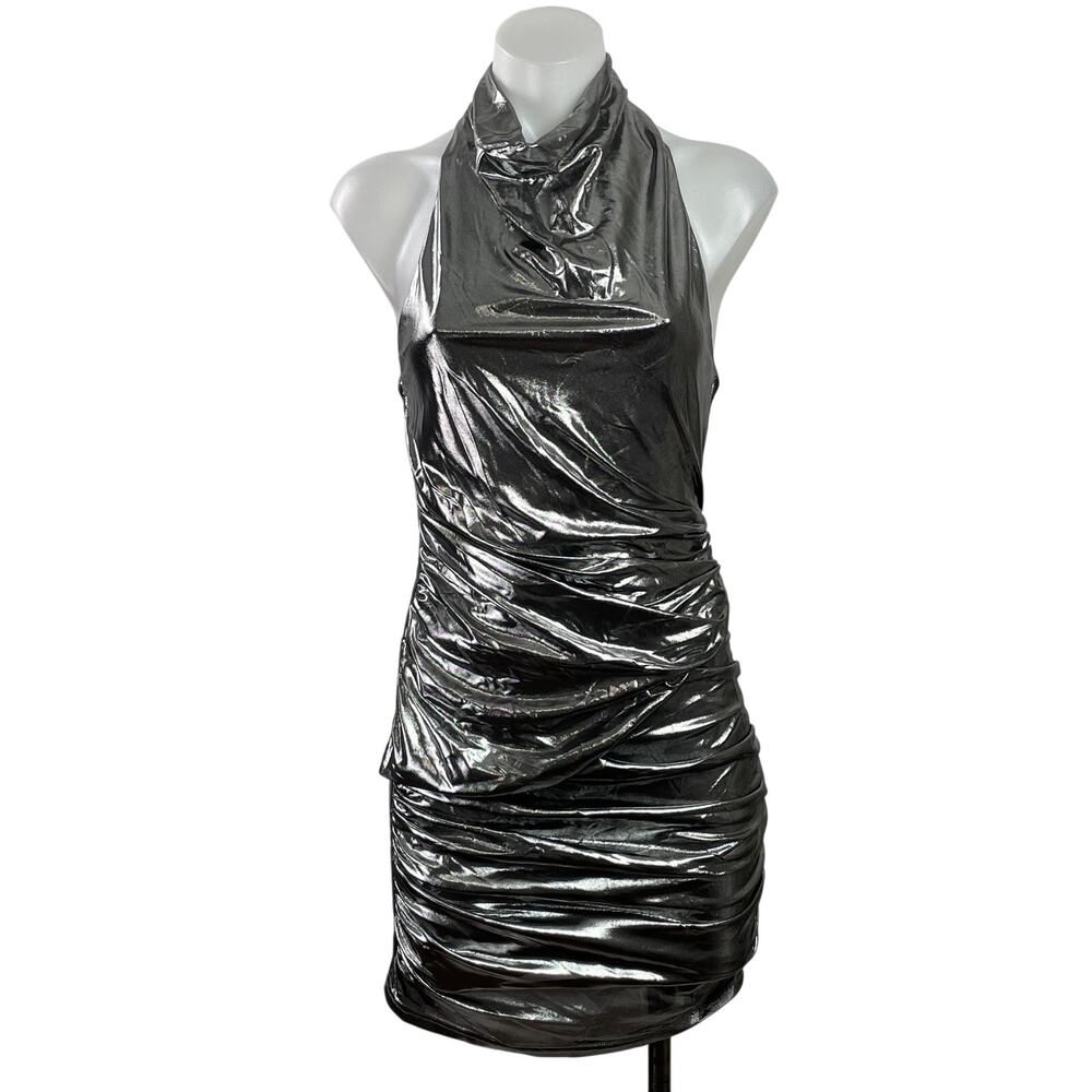 Superdown Nyla Women's Gray Sleeveless Metallic Ruched Bodycon Mini Dress Sz S